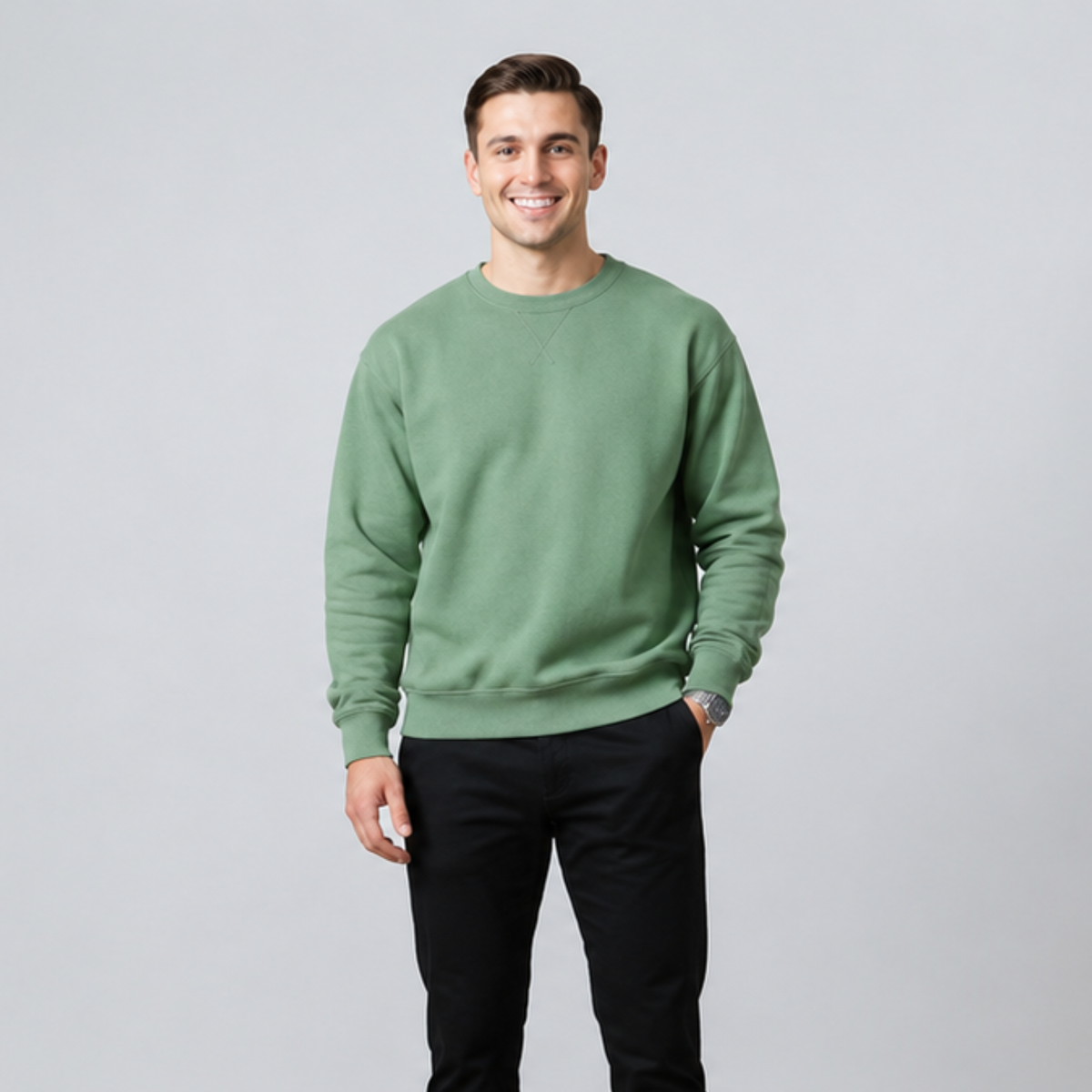 Essential V-Crew Sweatshirt: Kale Green